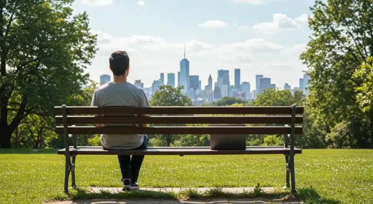 Person enjoying nature, laptop closed, symbolizing digital detox