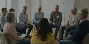 Diverse caregivers sharing experiences in a supportive group setting