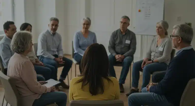Diverse caregivers sharing experiences in a supportive group setting