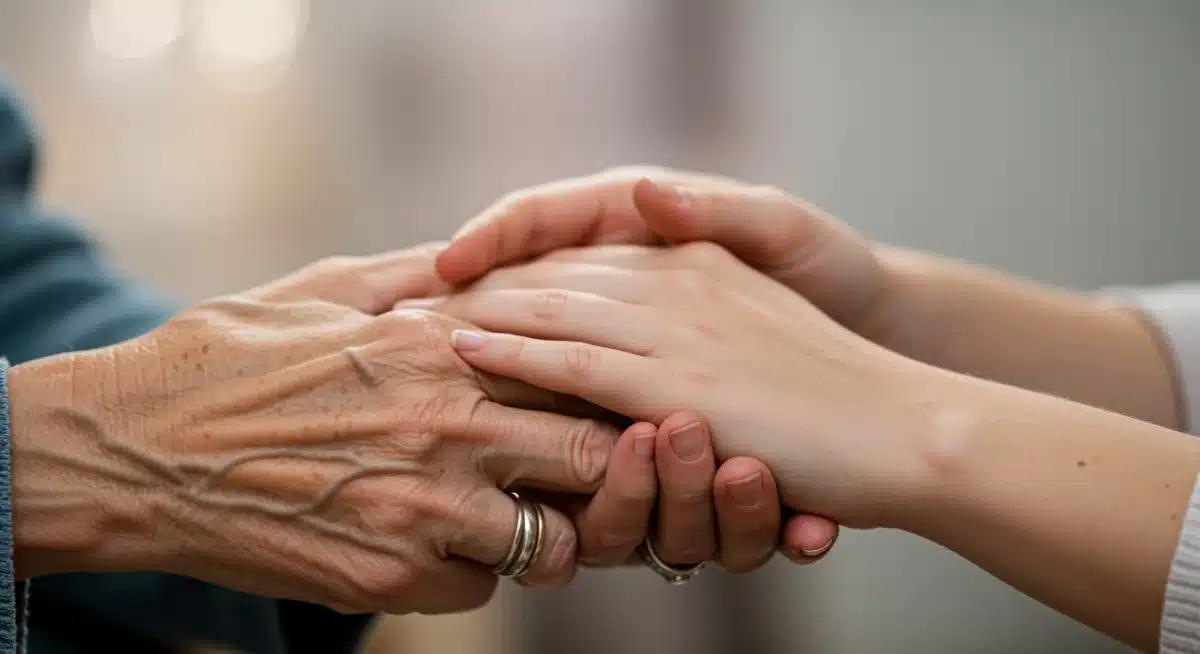 Intergenerational hands clasped in a gesture of support and empathy, representing caregiver connection.