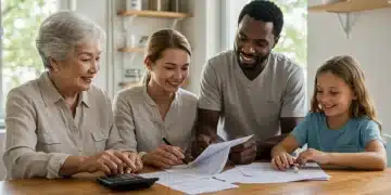 Optimizing Caregiver Tax Credits 2025: Save Up to 15% in the US Family reviewing tax documents together, focusing on caregiver tax credits for 2025.