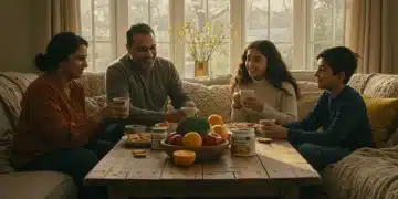 Family enjoying healthy winter drinks and snacks indoors, boosting immunity naturally.