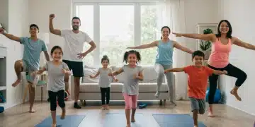 Diverse family exercising together at home, following CDC fitness recommendations