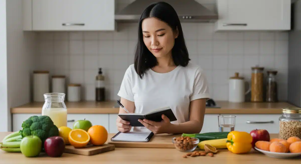 Individual journaling food and feelings, promoting mindful eating habits.