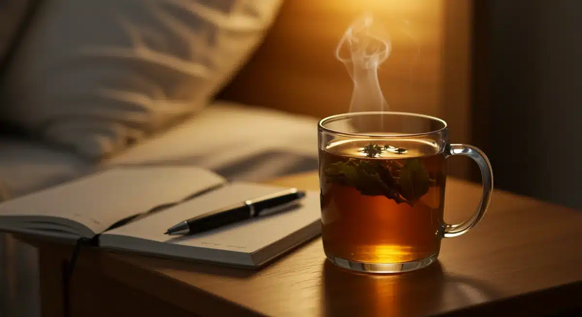 Herbal tea and journal on bedside table, promoting relaxation