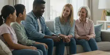 Family practicing mindful communication with active listening, enhancing connections