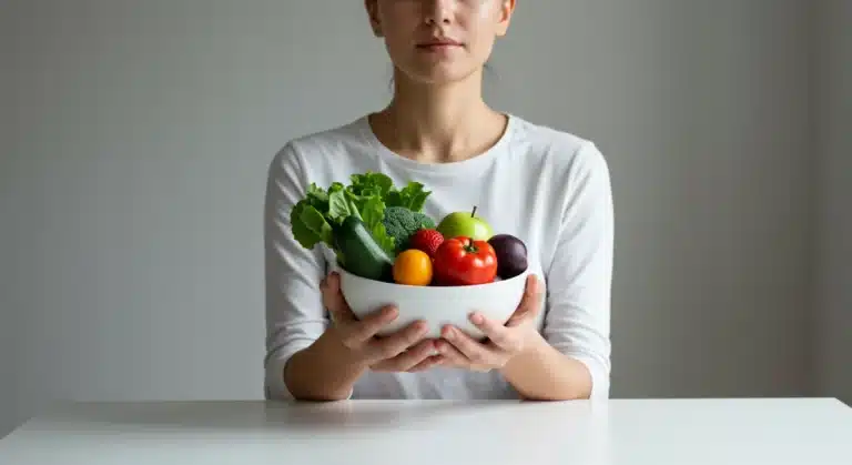 Person practicing mindful eating with a bowl of fresh fruit, signifying peace.