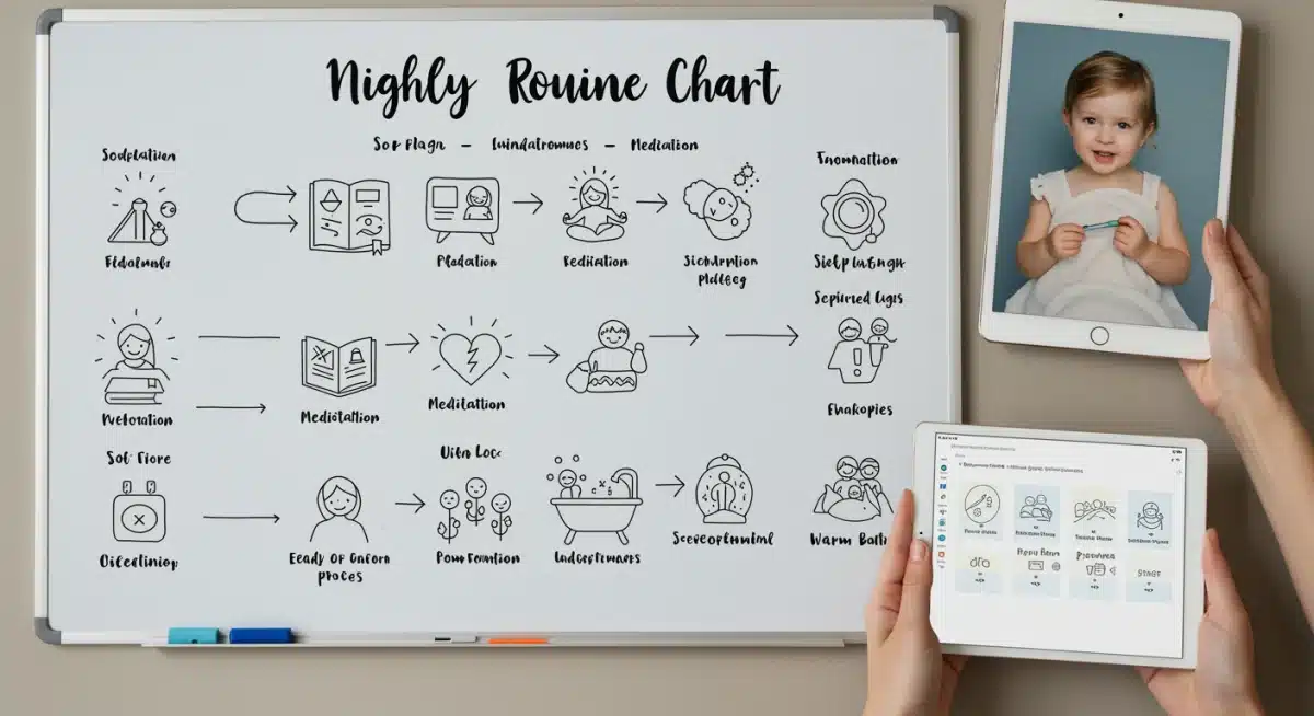 Nightly routine chart with icons for winding down activities for better sleep.