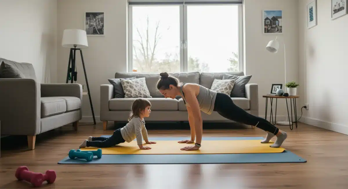 Parent and child doing planks together in a home gym setting