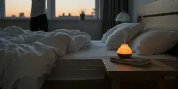 Serene bedroom with soft lighting, essential oil diffuser, and person meditating for better sleep