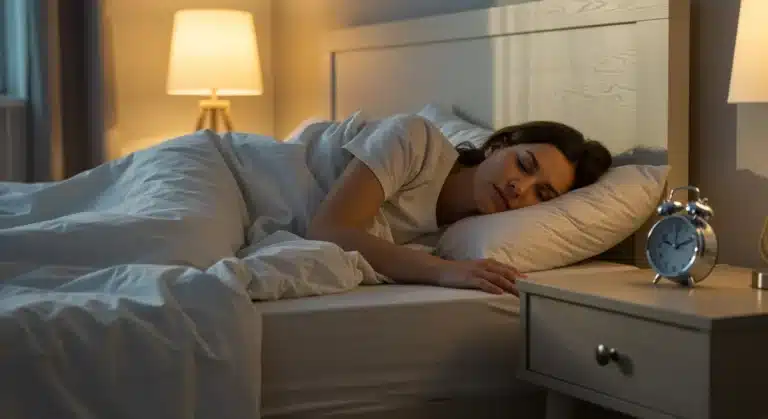 Serene parent sleeping peacefully in a comfortable bed, achieving optimized rest.
