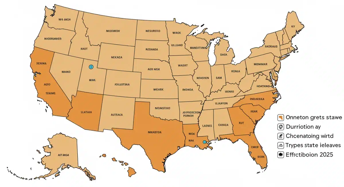 Color-coded map of the United States illustrating varying 2025 state caregiver leave policies.