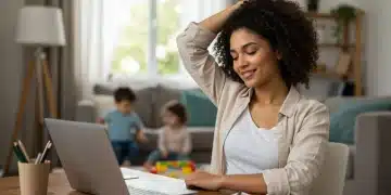 Micro-Breaks: Boost Working Parent Productivity & Reduce Stress Working mother taking a micro-break at home office, stretching gently