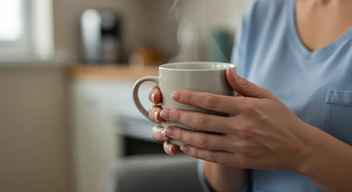 Caregiver finding calm with a warm drink