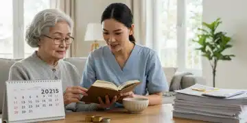 Caregiver assisting elderly individual with daily activities, tax documents visible