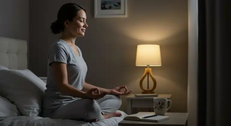Caregiver practicing mindful breathing before sleep