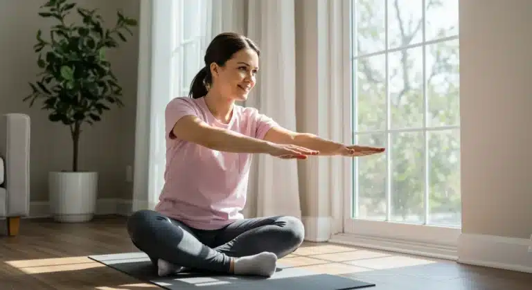 Serene caregiver stretching in morning light, boosting energy