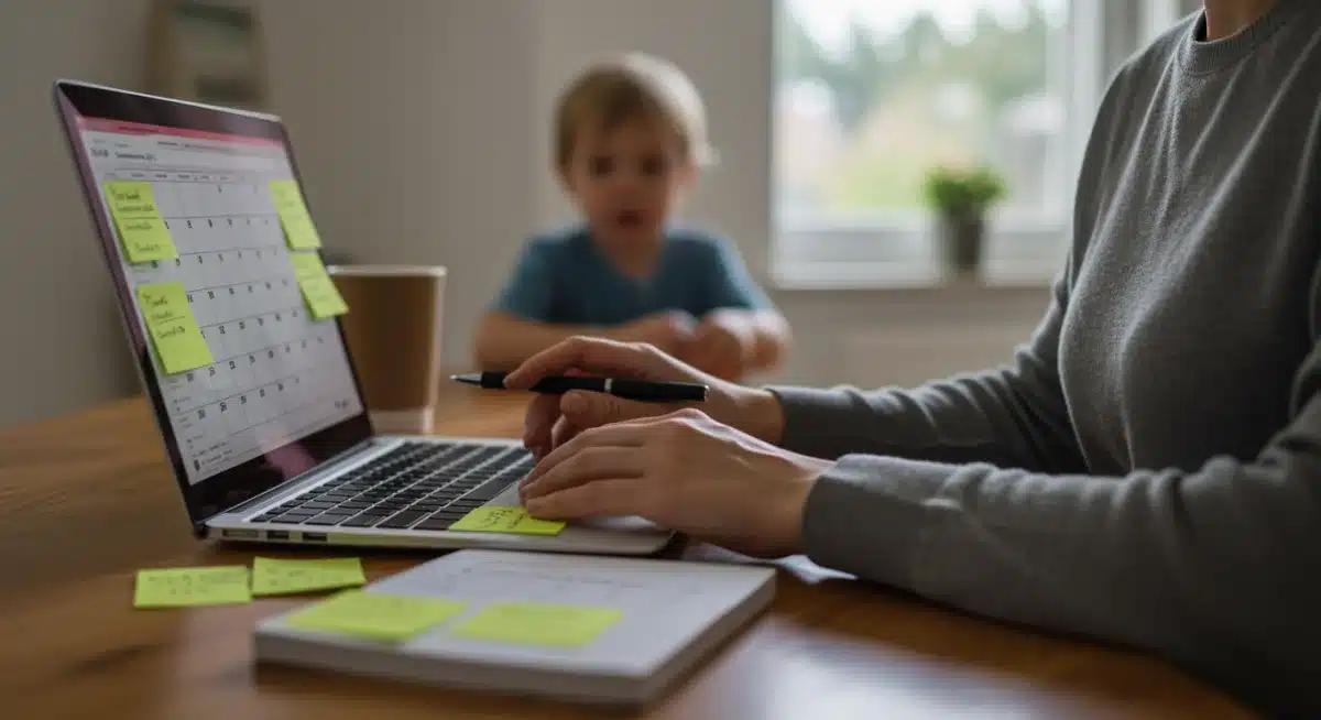 Parent working efficiently from home with child playing nearby, showcasing flexible work.
