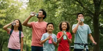 Family enjoying outdoor activities and staying hydrated with water bottles