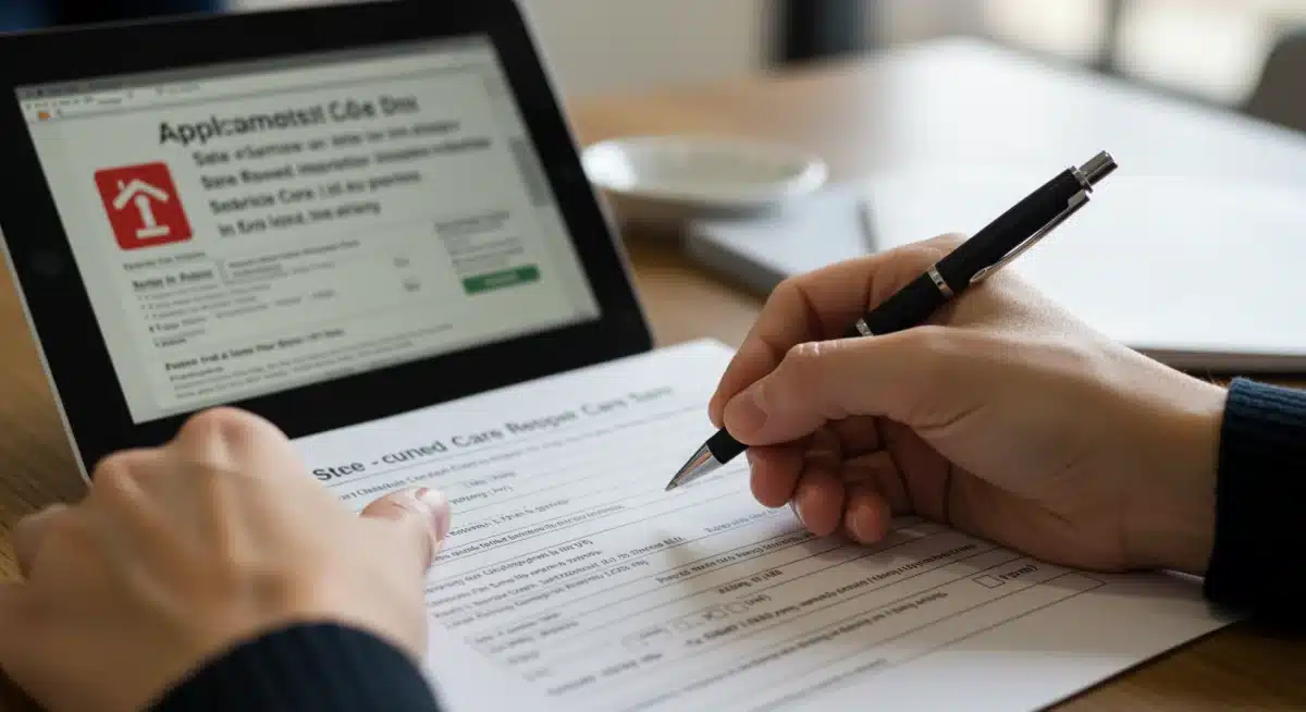 Hands filling out state-funded respite care application form