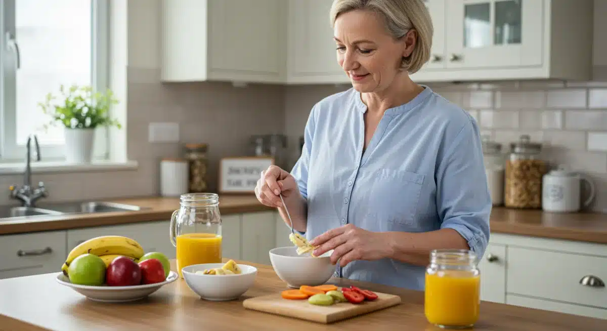 Caregiver preparing a healthy mindful breakfast in a bright kitchen