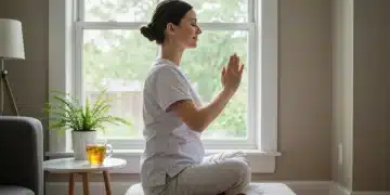 Caregiver practicing mindful morning meditation in a sunlit room