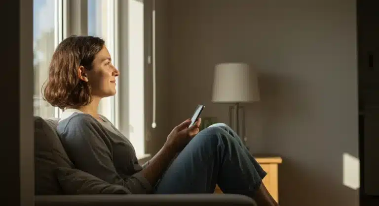 Person mindfully engaging with technology in a serene home setting