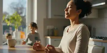 Parent meditating in kitchen for 7-minute morning mindfulness