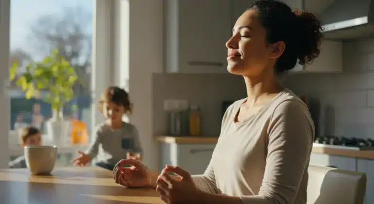 Parent meditating in kitchen for 7-minute morning mindfulness
