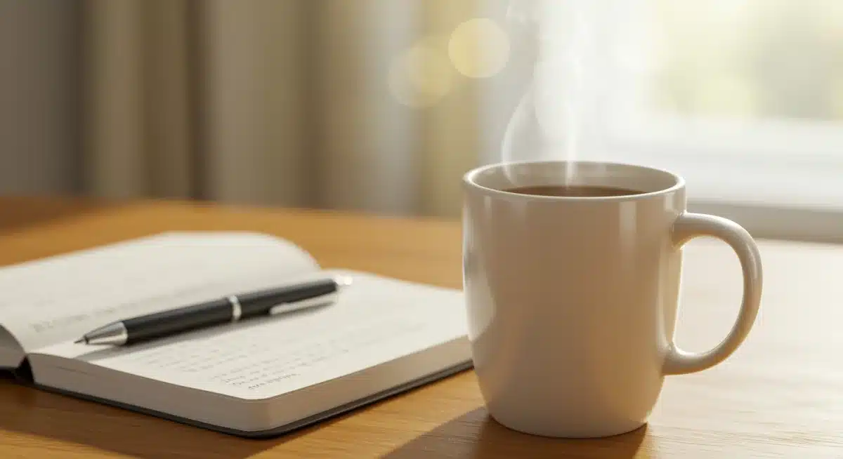 Herbal tea, journal, and pen on a wooden table for morning reflection