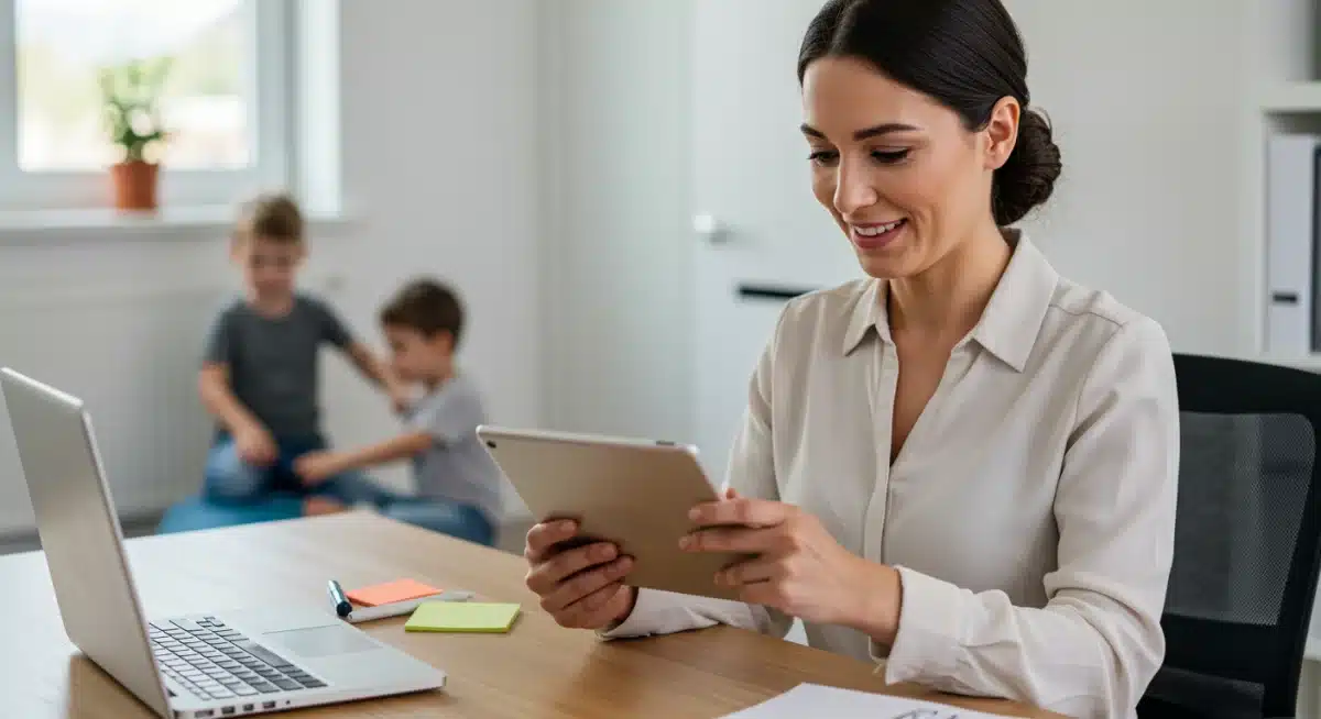 Professional woman balancing work and family at home