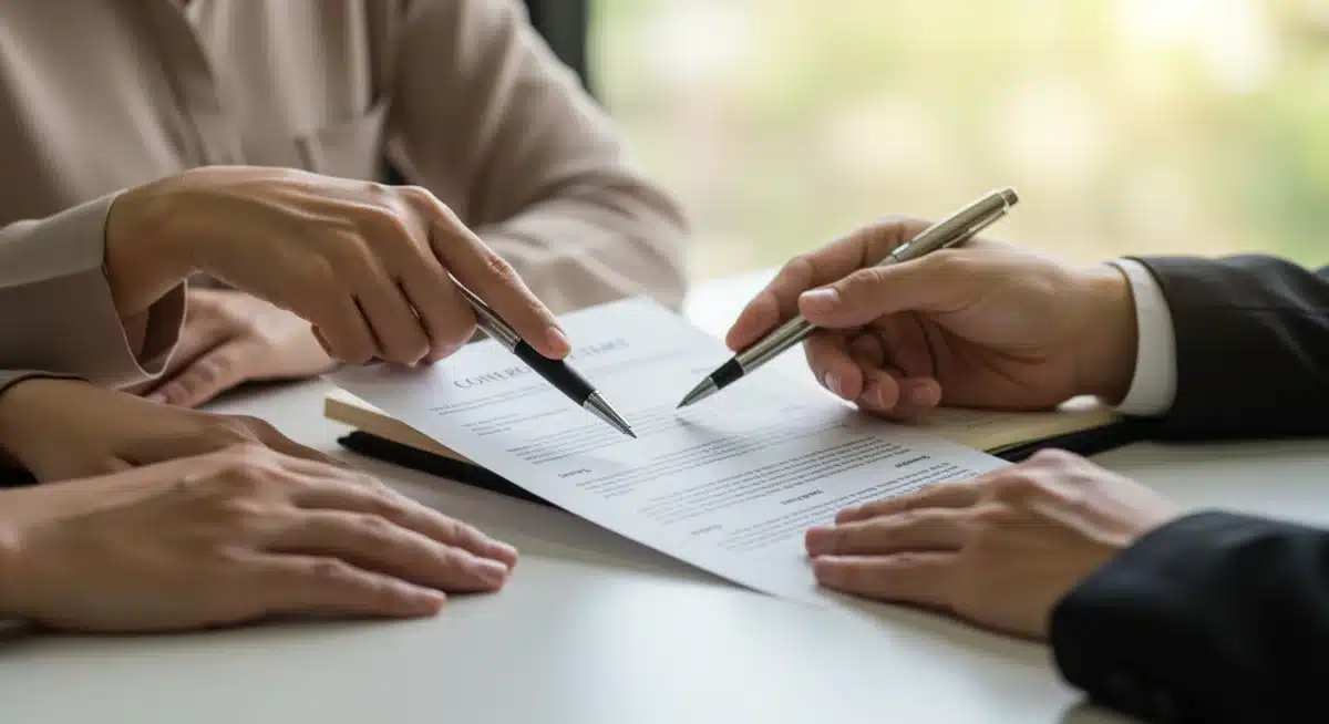 Caregiver and legal aid professional reviewing legal documents.