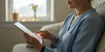 Caregiver using a mindfulness app on a tablet, finding peace amidst daily responsibilities