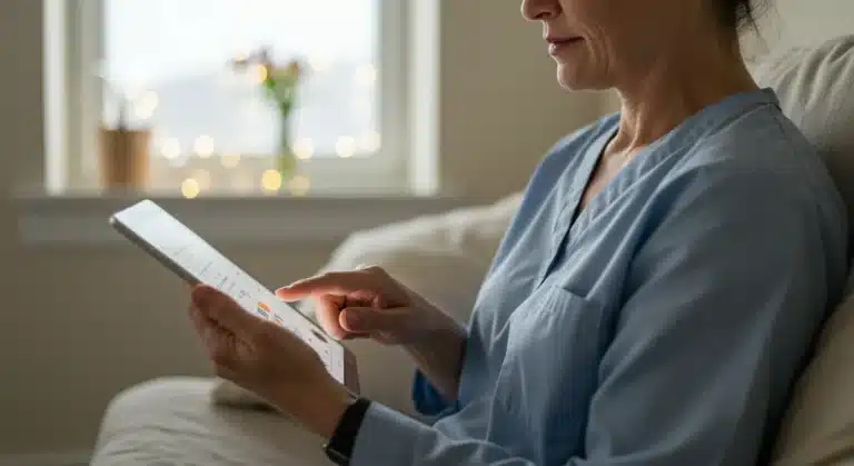 Caregiver using a mindfulness app on a tablet, finding peace amidst daily responsibilities