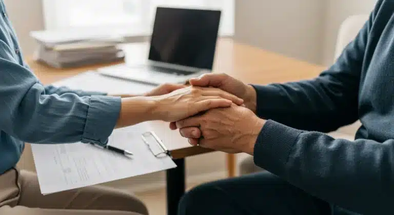 Caregiver and veteran reviewing PACT Act benefits information