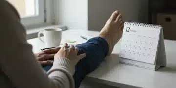 Relaxed individual efficiently managing their schedule at a modern desk, achieving work-life balance.