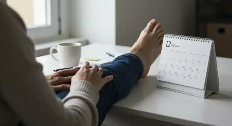 Relaxed individual efficiently managing their schedule at a modern desk, achieving work-life balance.