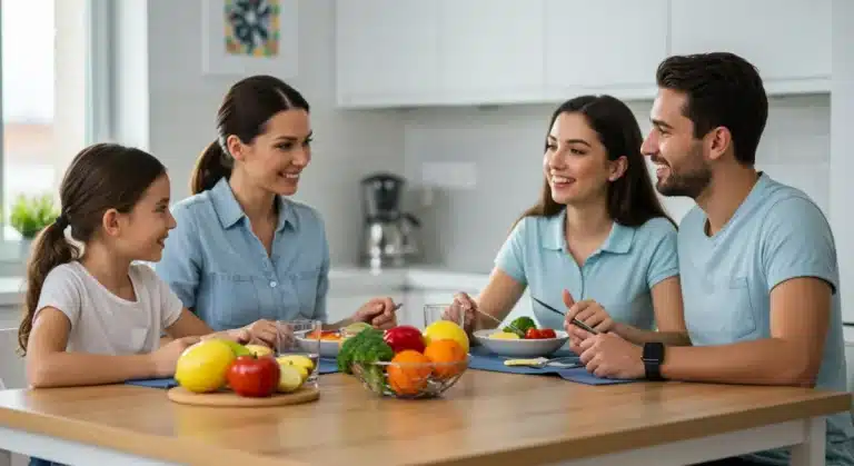 Family enjoying healthy low sugar meal together