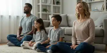 Family practicing inner calm breathing exercises at home, 2025