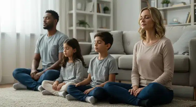 Family practicing inner calm breathing exercises at home, 2025