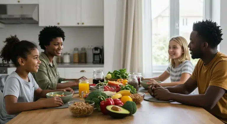 Family enjoying a mindful, healthy meal together at a modern kitchen table