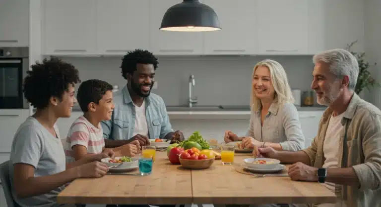 Family enjoying healthy mindful meal together in 2025 kitchen