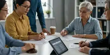 Diverse caregivers receiving free legal aid in 2026, reviewing documents with a legal professional.