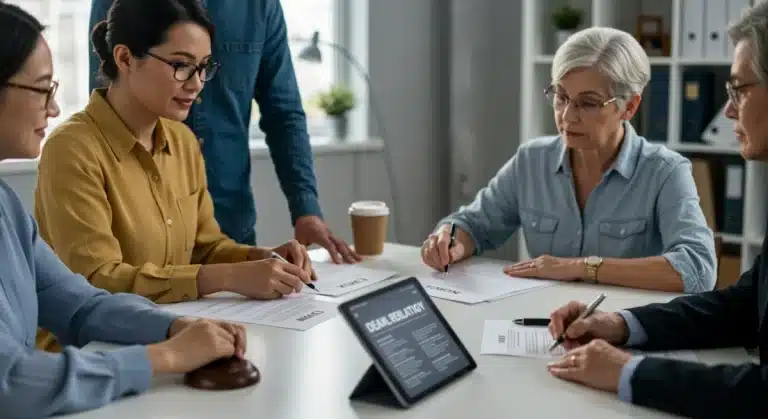 Diverse caregivers receiving free legal aid in 2026, reviewing documents with a legal professional.