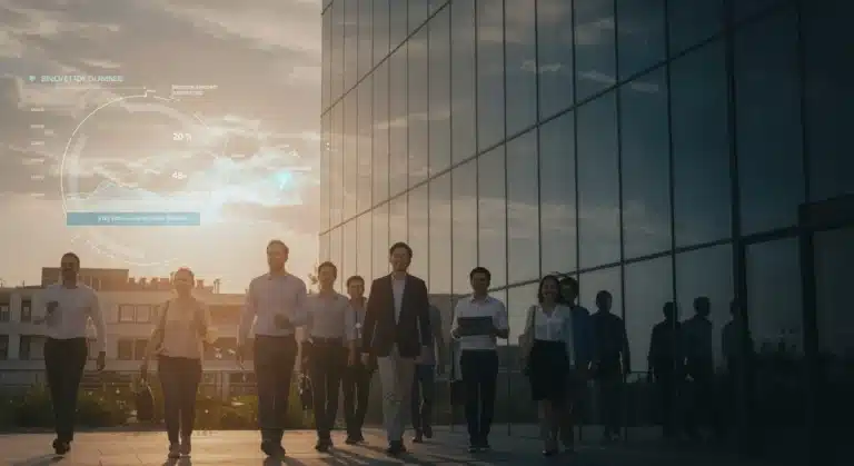 Happy employees leaving work after a 4-day workweek