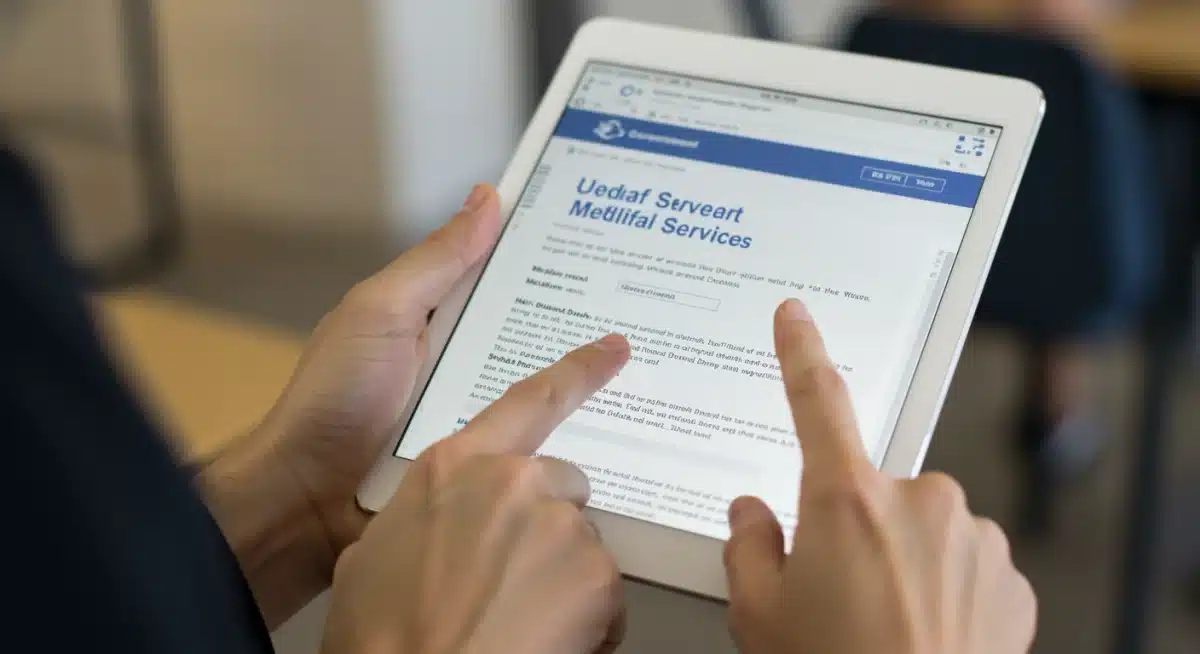 Person researching Medicaid policy updates on a tablet.