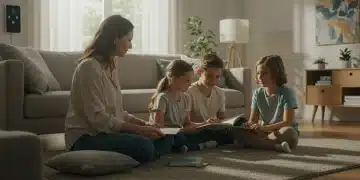 Parents and children engaging in mindful activity in a modern, serene home environment in 2025
