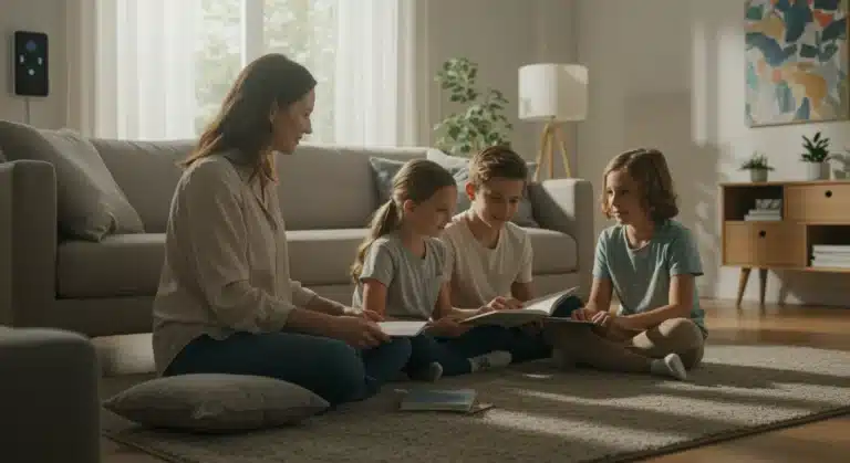 Parents and children engaging in mindful activity in a modern, serene home environment in 2025