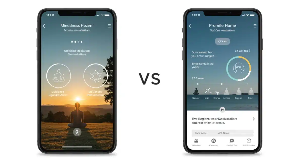 Side-by-side comparison of two mindfulness app interfaces showing diverse features