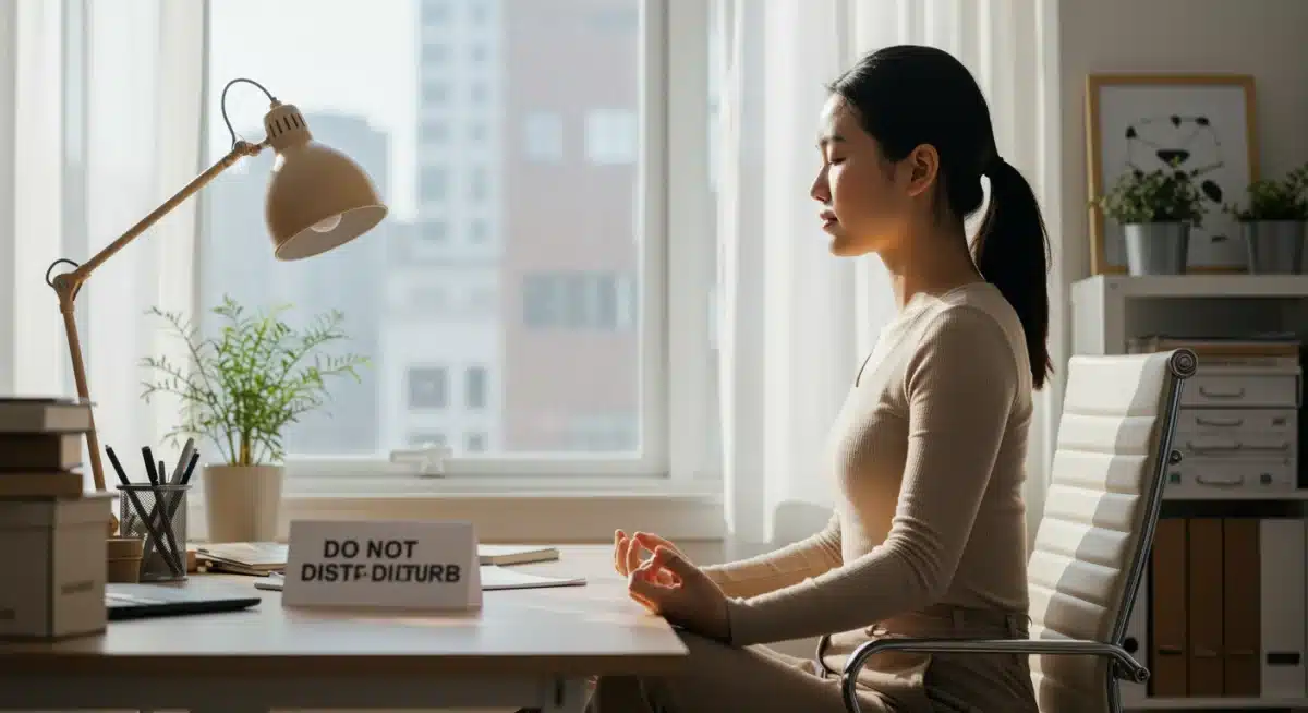 Person meditating in a workspace, emphasizing mindfulness and boundaries.